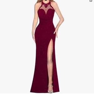 VFSHOW Illusion Halter Keyhole Slit Maxi Twist Front Evening Dress (Dark Red, L)
